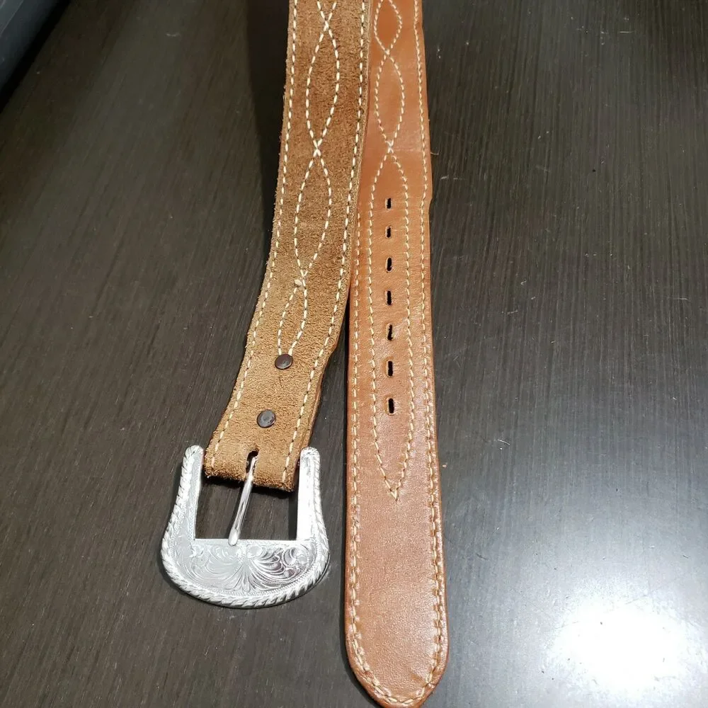 Justin Brown Tan Leather Reversible Belt Silver Buckle 32 Stitching Accents